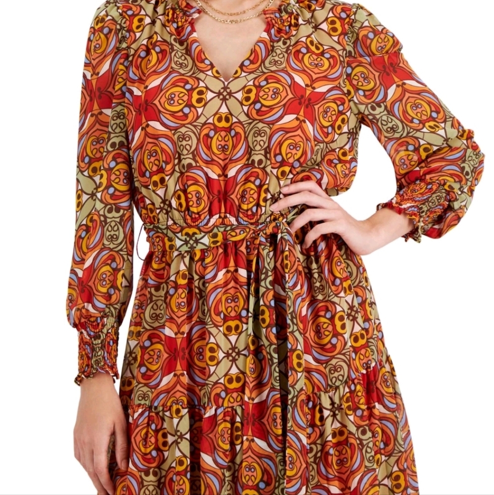 International Concepts Printed Blouson-Sleeve Dress Arabesque Combo Orange 12 - Picture 4 of 10